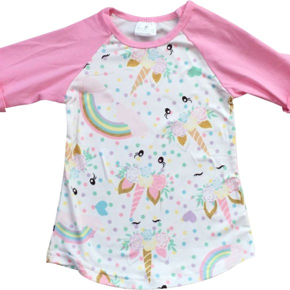 3 PCS Little Girls Kids Unicorn Polka Dot Rainbow Shirt Top Tee Tshirt Set New - Picture 2 of 8